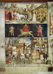 Allegorie des März: der Triumph der Minerva, das astrologische Symbol des Widders sowie Borso d